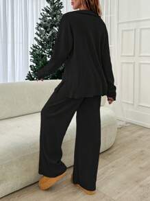 EURMUSE Women's Brushed Ribbed Set, Casual, Chic - Black - View 2