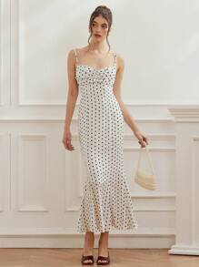 Aveloria Rosie Vestido de cola de pez con cintura fruncida, elegante y romántico estilo francés, con puntos negros y blancos para mujeres