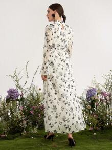 Graceveil 女士雪纺花卉印花浪漫优雅保守阿拉伯长裙，春夏季，端庄 - 白色 - 查看 2