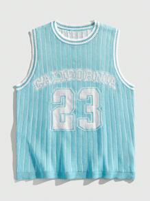 ROMWE MEN Prep Men's Basketball V-Neck Numeric Knit Streetwear Pullover - Blue - View 3