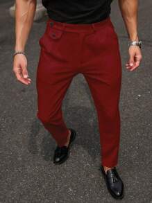 Manfinity Mode Pantalones casuales rectos de hombre con bolsillo y decorados con botones de un solo color - Burdeos - Ver 4