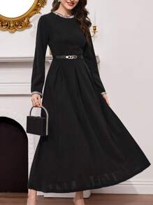 Modelyn 女式亮片装饰圆领收腰 A 字型复古法式连衣裙 - 黑色 - 查看 5