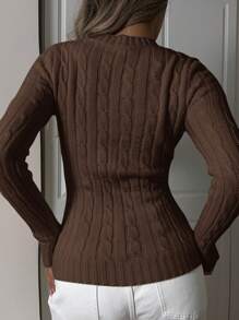 SHEIN EZwear 女士休闲简约刺绣细节修身毛衣，秋冬季上学上衣 - 棕色 - 查看 2