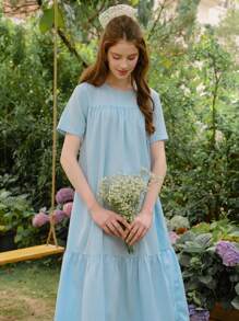 SHEIN Váy dài thường ngày cho bé gái tuổi teen, váy rộng màu xanh lam có tay ngắn, thiết kế cổ tròn, thanh lịch, phù hợp cho đám cưới và kỳ nghỉ, họa tiết hoa/trang trí, không có họa tiết truyền thống - trắng - Xem 6