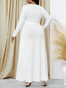 SHEIN Lady Váy dài tay dài cỡ lớn mùa xuân và mùa thu và mùa đông thanh lịch đi làm văn phòng màu trắng dệt kim cổ áo chồng lên nhau có thắt lưng dài - trắng - Xem 2