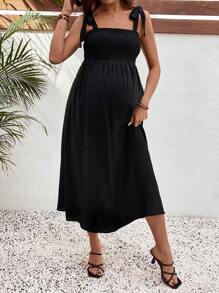 SHEIN Bohemian Tie-Up Strap Solid Color Maternity Dress - Black - View 2