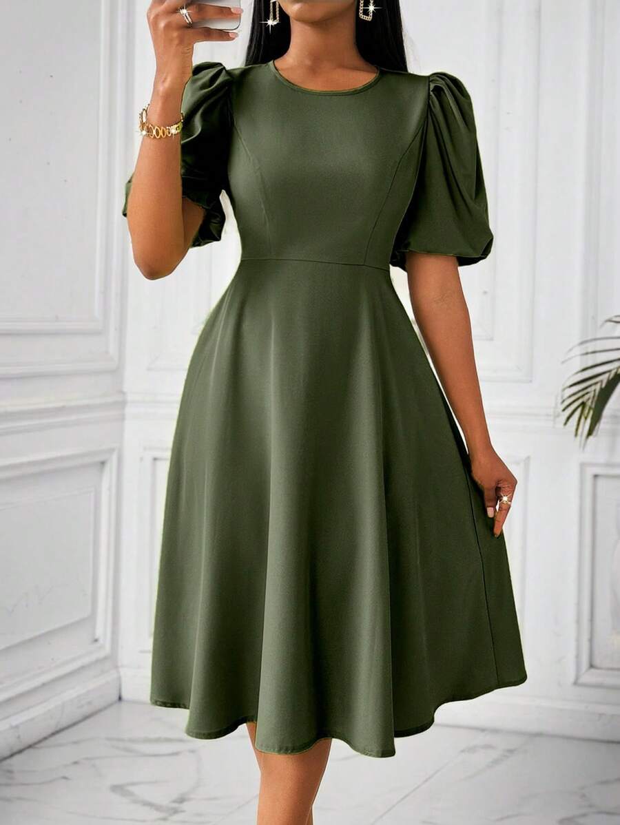 Lunelith SHEIN Lunessa 泡泡袖收腰长裙，绿色，女式，春夏长款女装 - 軍綠色 - 查看 1