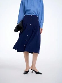 Aalyst Women's High Waist Single-Breasted Pleated Knee Length Skirt, Modest Elegant Country Style