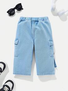 SHEIN Baby Boy Casual Soft Distressed Washed Black Cargo Pocket Loose Straight Leg Denim Jeans ,For Spring/Summer - Light Wash - View 2