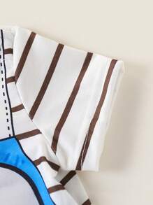 SHEIN Newborn Baby Boy Black & White Striped Fake Suspender Decor Cute Dinosaur Print Button Shoulder Short Sleeve Romper Set, Summer - Multicolor - View 7