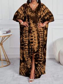 SHEIN Lady 春夏秋冬圣诞派对礼服休闲优雅红色编织圆领蝙蝠袖长袍短袖大码连衣裙热粉色连衣裙 - 卡其色 - 查看 5