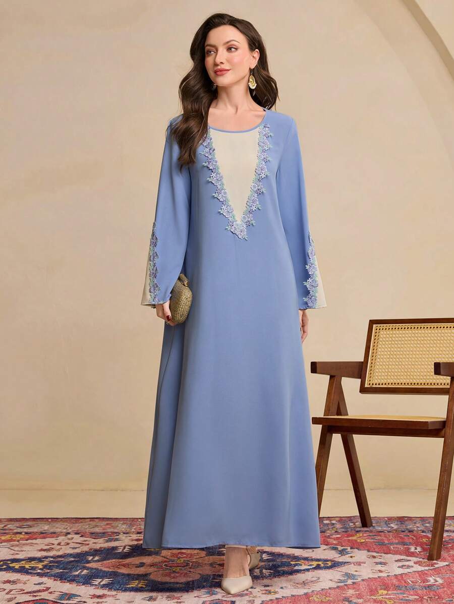 Al Najma Women's Everyday Color Block Sleeve Patch Floral Lace Trim Loose Traditional Dress Kaftan Jalabiya Dress - Blue - View 1