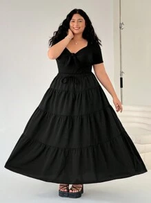 SHEIN EZwear Set de 2 piezas blusa con moño y falda larga talla grande en color negro - Negro - Ver 1