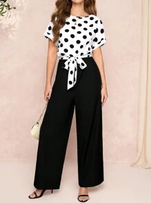 SHEIN Clasi 圆点印花上衣和纯色裤子优雅连身裤，简约设计 - 黑與白 - 查看 4