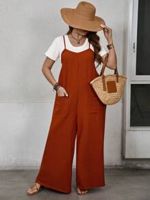 SHEIN LUNE Plus Size Women's Solid Color Dual Pocket Wide Leg Jumpsuit