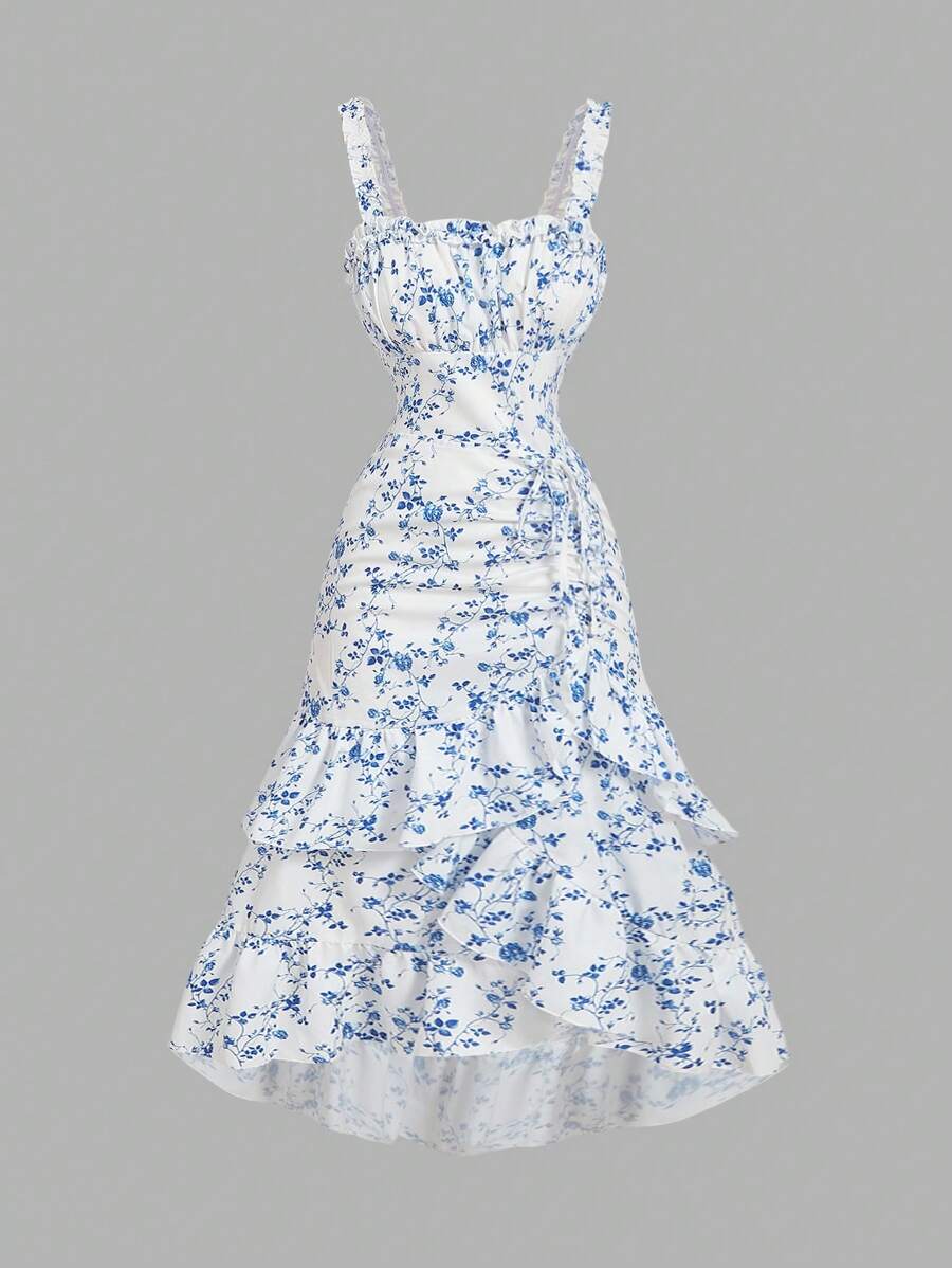 SHEIN MOD 蓝白碎花浪漫复古荷叶边女装，优雅连衣裙，茶会连衣裙，女性约会连衣裙，情人节连衣裙，夏季连衣裙，波西米亚连衣裙，邮轮连衣裙，沙滩连衣裙，女士柔和连衣裙 - 藍白色 - 查看 1