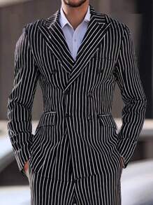 Manfinity Bizformal Conjunto de blazer y pantalón de traje a rayas de doble botonadura para hombre, ideal para negocios/traslados