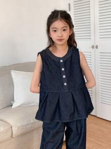 DAZY 青少年女孩 青少年女孩前扣无袖休闲上衣和牛仔长裤套装 - 深色水洗藍 - 查看 2