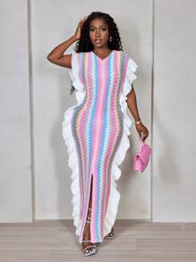 BamGleam Women Striped V-Neck Ruffle Patchwork Slim Sweater Dress - Multicolor - View 1