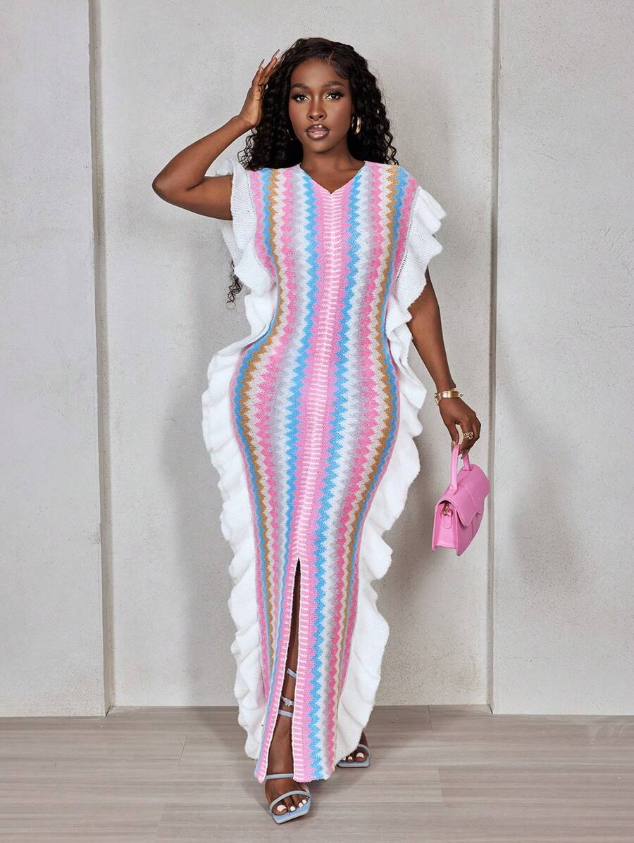 BamGleam Women Striped V-Neck Ruffle Patchwork Slim Sweater Dress - Multicolor - View 1