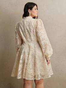 Anewsta Plus Size Women's Elegant Floral Embroidered Lantern Sleeve Mesh Dress, Suitable For Spring/Summer, Valentine's Day, Birthday, Wedding Guest Outfits, Boho Style - Apricot - View 2