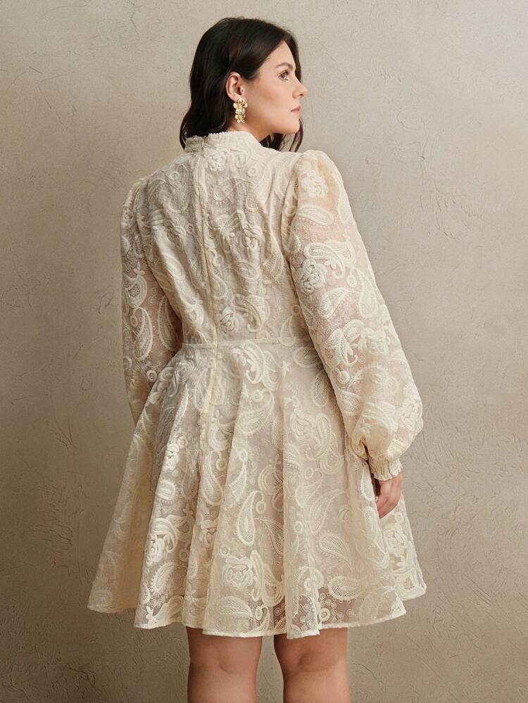 Plus Size Women's Elegant Floral Embroidered Lantern Sleeve Mesh Dress, Suitable For Spring/Summer, Valentine's Day, Birthday, Wedding Guest Outfits, Boho Style