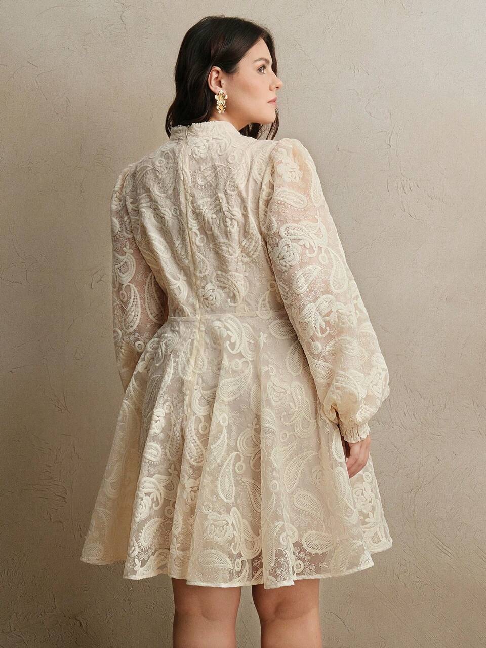 Plus Size Women's Elegant Floral Embroidered Lantern Sleeve Mesh Dress,Peach Summer Tea Party Boho Style,Birthday Wedding Guest Outfits For Spring