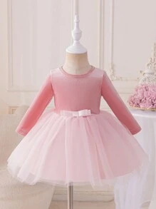 Glamorique Kids Christmas Party Wear Baby Girl Pink Velvet Ribbon Bow Mesh Layered Princess Dress For Piano Recital, Ballet, Stage, Middle East And Europe