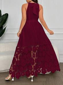 Vionelle 大码优雅纯色蕾丝拼布吊带连衣裙 - 酒紅色 - 查看 2