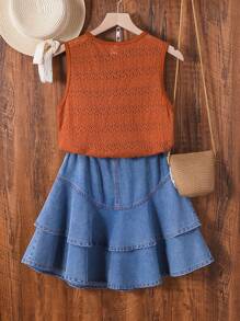 SHEIN Tween Girls 2 件套，棕色蕾丝镂空波西米亚风格吊带背心搭配水洗蓝色 A 字形荷叶边牛仔裙，适合户外活动、休闲装、牧场音乐节、社交聚会、春夏新款 - 棕色 - 查看 3