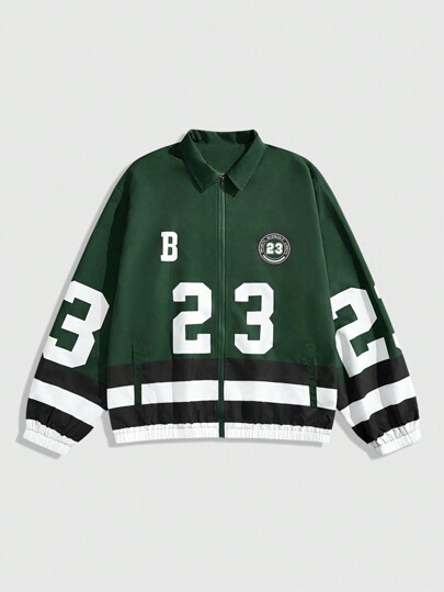 Prep Men's Color Block Striped & Numeric Print Turndown Collar Jacket