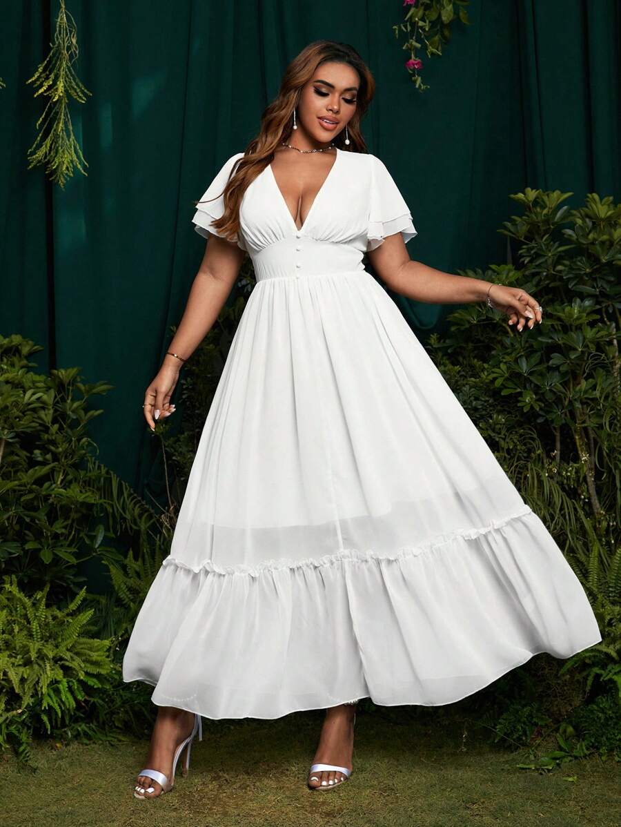 SHEIN Belle 大码纯色 V 领短袖褶边优雅白色连衣裙 - 白色 - 查看 1