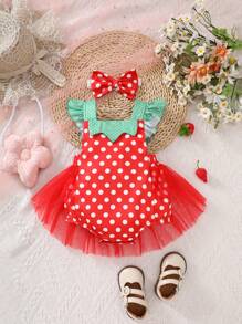 SHEIN Newborn Baby Girl Summer Green Ruffled Shoulder Strap Spliced With Red Polka Dot Jumpsuit Spliced With Mesh Cute Cartoon Strawberry Shaped Outfit And Headband Suitable For Newborn One Year Old Shooting - Red - View 1