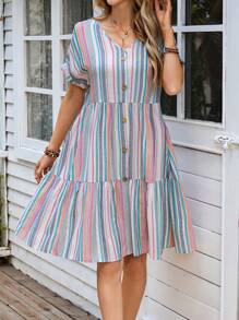 EMERY ROSE 女式条纹 V 领短袖纽扣休闲连衣裙 - 彩色 - 查看 3