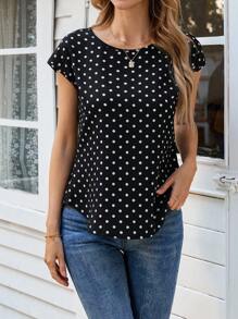 EMERY ROSE Women's Casual Lace Patchwork Polka Dot Print Shirt - Black and White - View 6