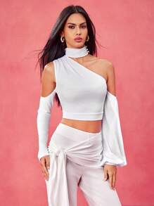 Tristan Blake Designer Witte Off-The-Shoulder Opstaande Kraag Geplooide Cropped Halter Top, Festival