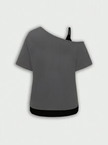 ROMWE Plus Size Women's Loose Fit Oblique Shoulder 2 In 1 Skull & Text Print Gothic Style T-Shirt - Grey - View 4