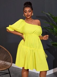 Slaydiva 大码女式轻盈喇叭 A 字形连衣裙，休闲清新 - 黃色 - 查看 6