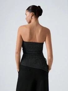 SHEIN EZwear 女士黑色编织条纹不对称下摆短款吊带上衣 - 黑色 - 查看 2