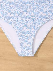 SHEIN 少女小碎花连体泳衣，可调节交叉肩带设计，蓝白印花沙滩装 - 彩色 - 查看 4