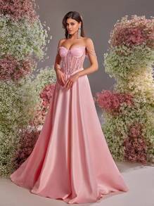 Glamrae 优雅、浪漫、华丽、端庄、粉色、缎面、抹胸、人字形腰部、半透明、领口珍珠项链装饰、蕾丝装饰、大A字裙、拖尾、后系带、高开衩、适合婚礼活动、节日、婚礼宾客、度假、舞会、正式晚礼服、派对礼服、礼服、晚会 - 粉色 - 查看 7