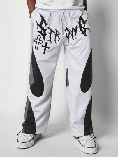 Grunge Punk Pantalones largos casuales de hombre con unicolor, parches, amarrados al frente y estampado, para uso diario