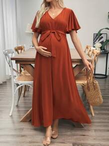 SHEIN Maternity Solid V-Neck Short Sleeve Tie Front Simple Casual Dress - Brown - View 2