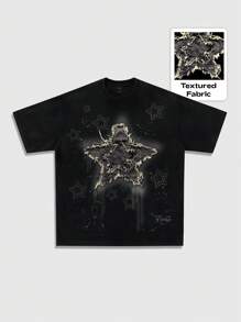 ROMWE MEN Street Life Camiseta casual y de moda con estampado de estrella punk para hombres, talla optimizada - Nueva versión, rave, estilo de los 2000 - Negro - Ver 2