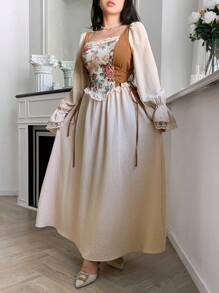 Feyla Đầm dài thanh lịch thêu hoa Jacquard cho nữ - Màu be - Xem 5