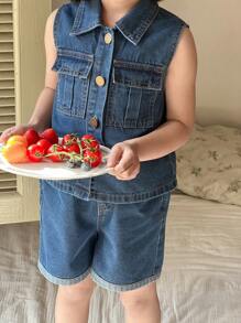 Dazy Kids 小女孩无袖上衣和裤子牛仔套装，女孩夏季服装 - 藍色 - 查看 3