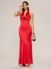 Glamine Women's Solid Color 3D Floral Decor Mermaid Maxi Sheath Dress With Halter Neckline - Red - View 3