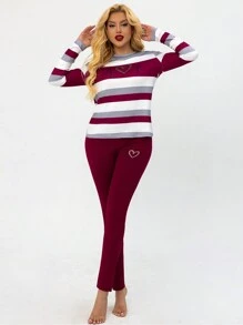 SHEIN LUNE 2 件套休闲运动条纹上衣和紧身裤套装