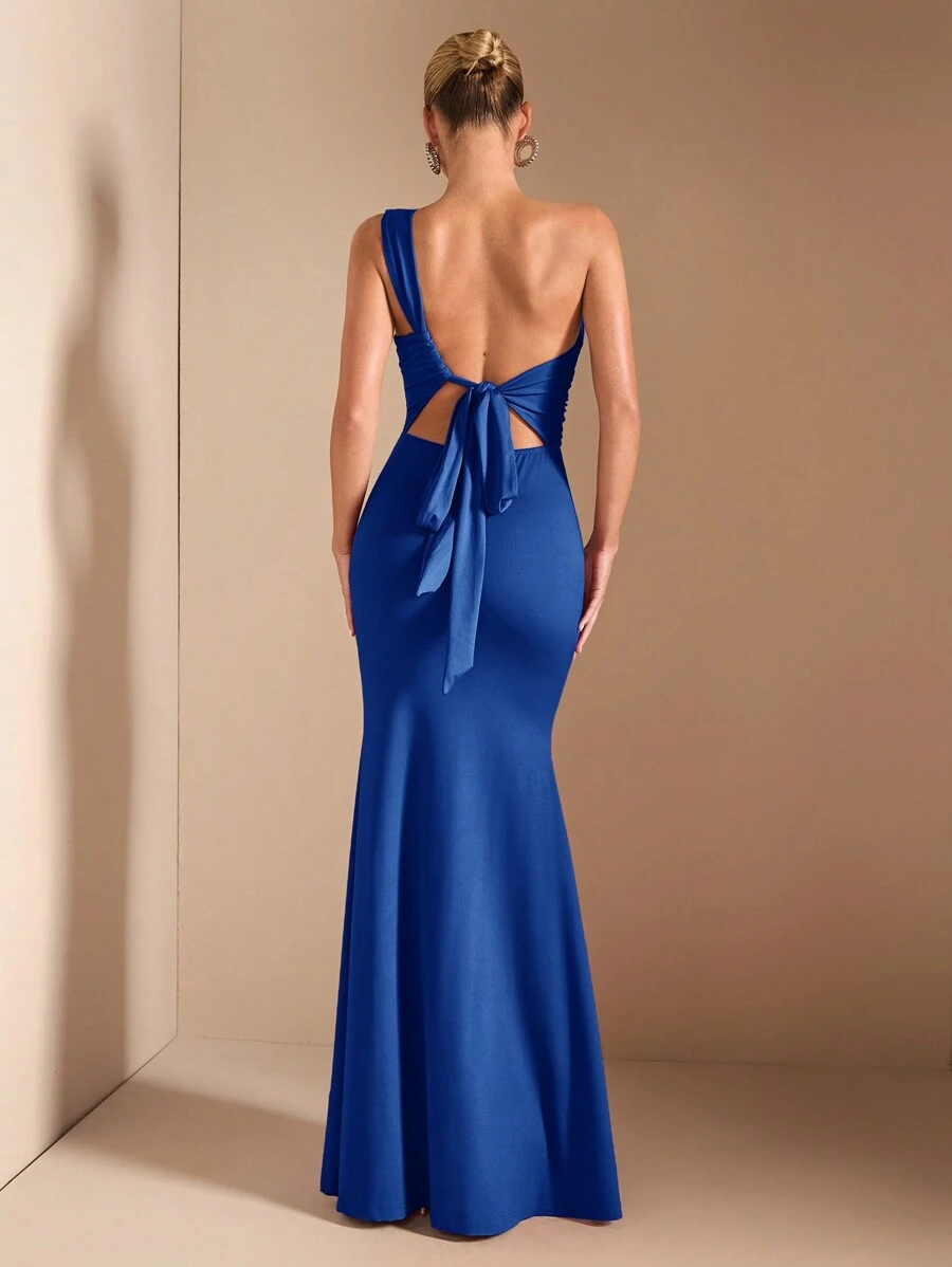 SHEIN BAE 不对称领口露肩宽松连衣裙，配拖尾围巾，优雅大方，适合日常约会、郊游、夜店、派对、秋季、圣诞节 - 寶藍色 - 查看 1