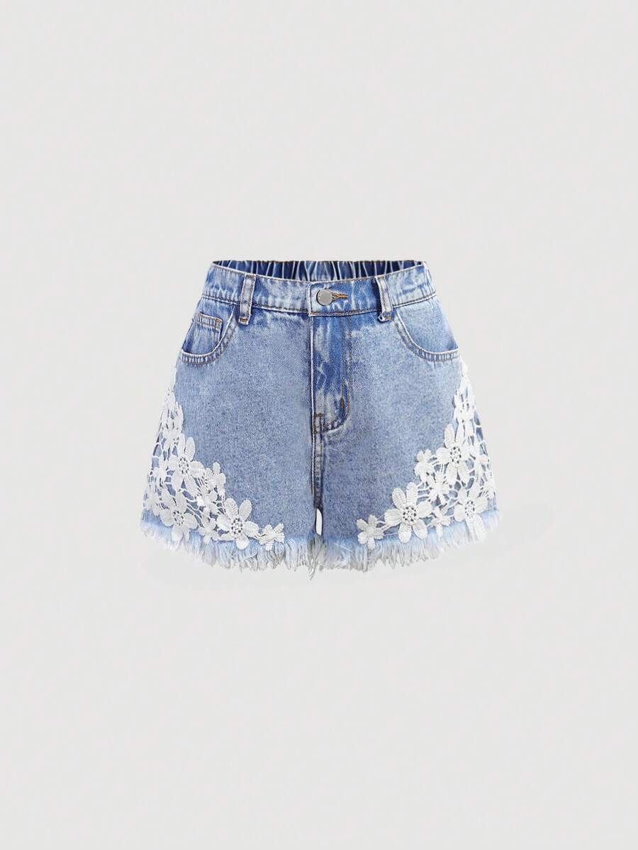SHEIN Girlism 少女夏季波西米亚风花卉贴花撞色蕾丝毛边牛仔短裤,带斜插口袋,夏季度假短裤 - 藍色 - 查看 1